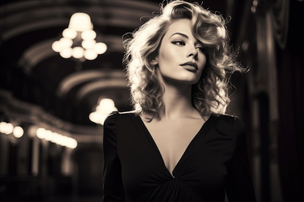 Enchanting Monochrome Portrait Captivating Woman in a Timeless Black Dress Long Blonde Hair