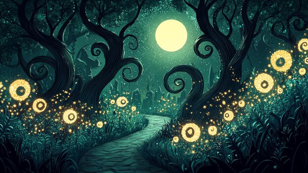 Photo enchanting moonlight forest path with glowing dandelions