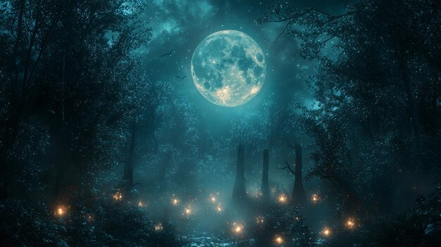 Photo enchanting moonlight forest with glowing lights