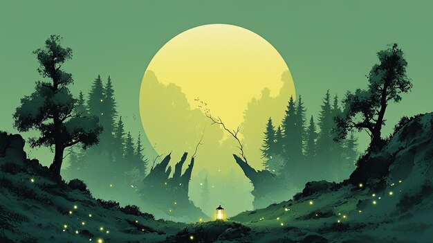 Photo enchanting moonlit forest with glowing lanterns