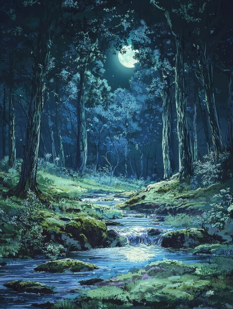 Enchanting Moonlit Grove with Serene Forest Creek Pathway