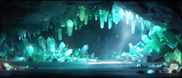 Photo enchanting mystical cave illuminated by glowing crystals and concealed treasures