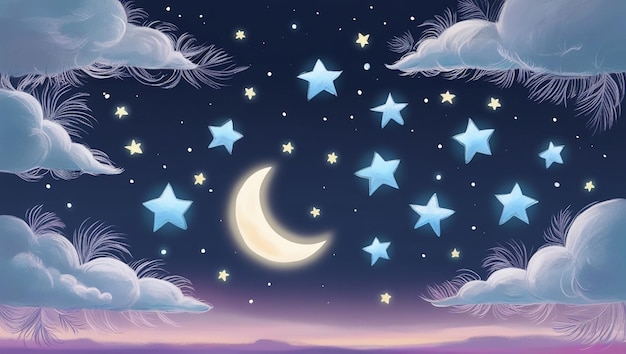 Enchanting Night Sky Hand Drawn Stars Moon and Fluffy Clouds