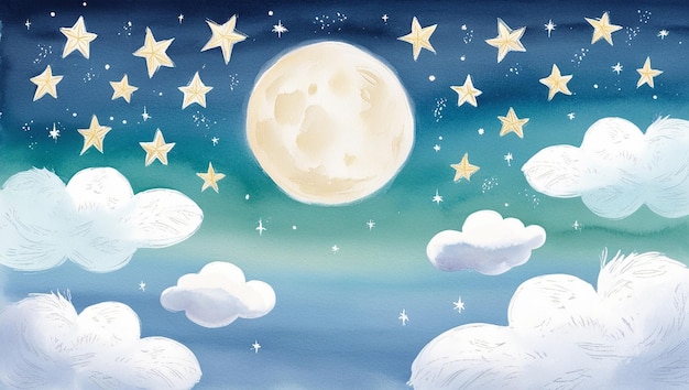 Enchanting Night Sky Hand Drawn Stars Moon and Fluffy Clouds