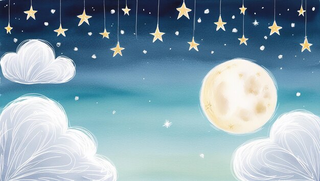 Enchanting Night Sky Hand Drawn Stars Moon and Fluffy Clouds