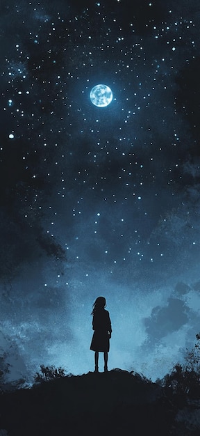 Photo enchanting night sky silhouette of a girl gazing at the moon and stars