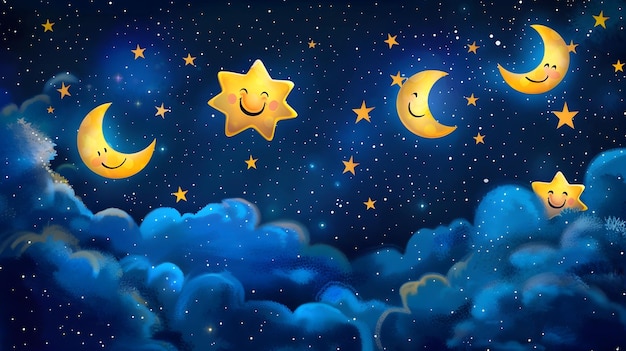 Enchanting Night Sky with Whimsical Smiling Stars in Style