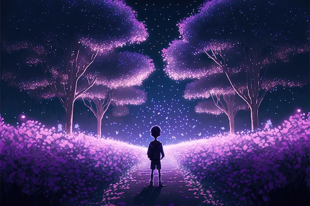 Enchanting nocturnal landscape of a boy amidst a garden of iridescent flowers surrounded by luminescent bugs Fantasy concept Illustration painting Generative AI