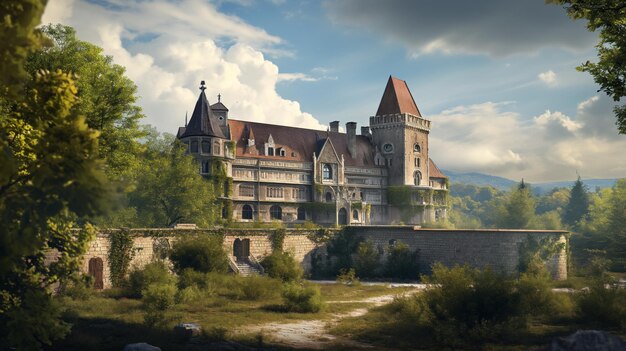 Photo enchanting old castle stands amid lush greenery under a soft sky its stately towers and grand architecture whispering tales of yesteryear