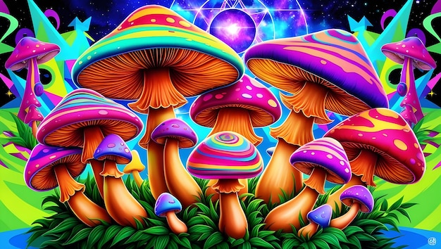 Photo an enchanting otherworldly scene of a mushroom grove that extends into the vastness of space