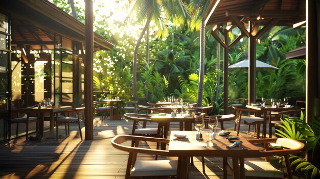 Photo an enchanting outdoor dining space surrounded by lush greenery and soft sunlight perfect for a romantic or relaxing meal