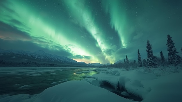 An enchanting panoramic view of the Aurora Borealis illuminating the night sky above a snowy