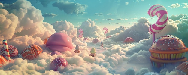 Enchanting panoramic view of a whimsical candy land among the clouds at sunset