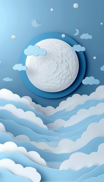 Enchanting Paper Cut Style Moon and Cloud Art in Blue Sky with Whimsical Layers A Dreamy and