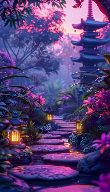 Enchanting Pathway through a Lush Japanese Garden at Dusk with Glowing Lanterns Illuminating the