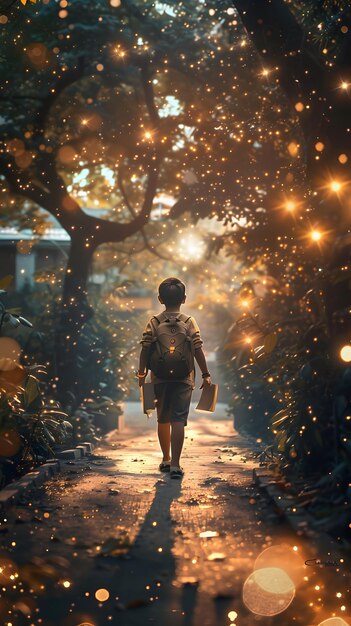 Enchanting Photo Realistic Student with Backpack and Notebooks in Magical Schoolyard Mid Shot with