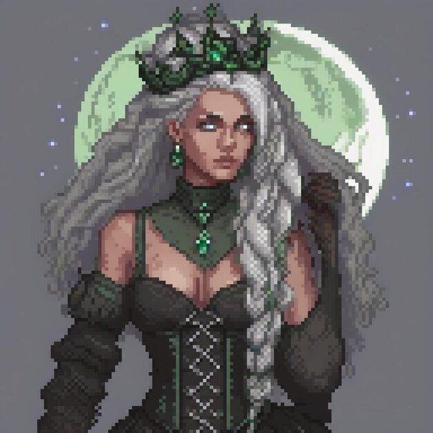 Enchanting pixel art of a regal woman with flowing white hair and a moonlit crown