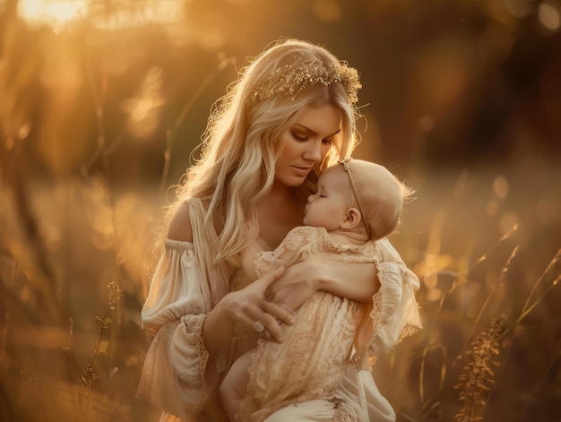 Enchanting portrait of a blonde mother tenderly holding her precious infant child