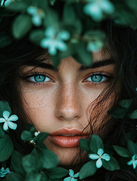 Enchanting Portrait of a Woman Surrounded by Greenery and Flowers