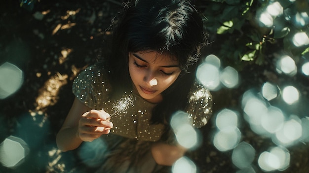 Photo enchanting portrait of a young girl in nature with sparkling light effects