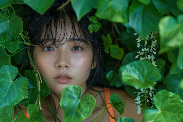 Enchanting Portrait of a Young Person Surrounded by Lush Green Foliage and Vibrant Leaves