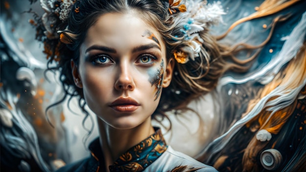 Photo enchanting portrait of a young woman with intricate hair design surrounded by vibrant colors