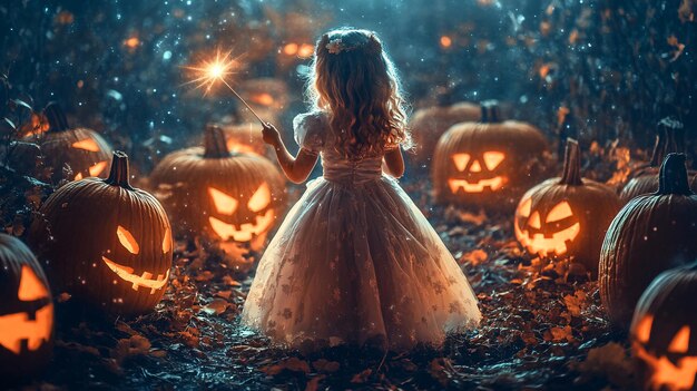 Photo enchanting princess with magic wand and pumpkin patch