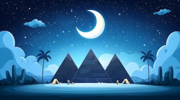 Photo enchanting pyramids at starry egyptian campsite in cartoon style