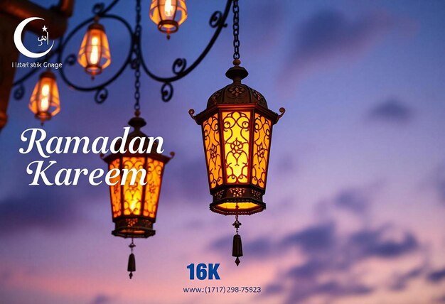 Photo enchanting ramadan kareem poster with ornate lantern and twilight sky