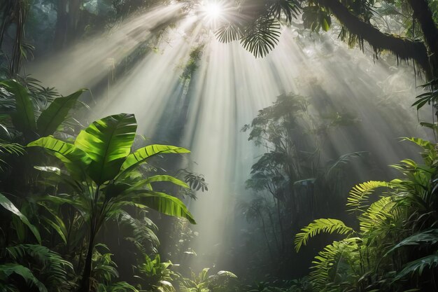 Enchanting rays of sunlight filtering through the verdant tropical rainforest canopy casting