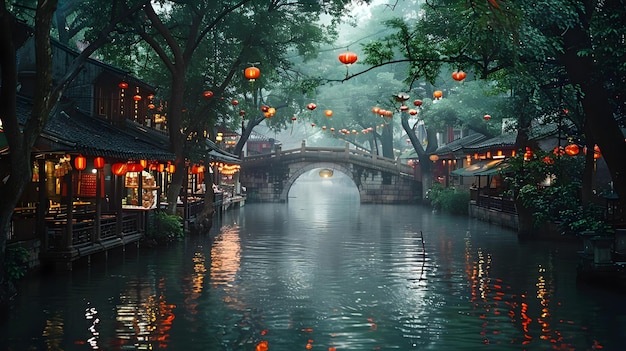 Enchanting Riverside Cityscape of Jiangnan with Ancient Bridge and Lanterns