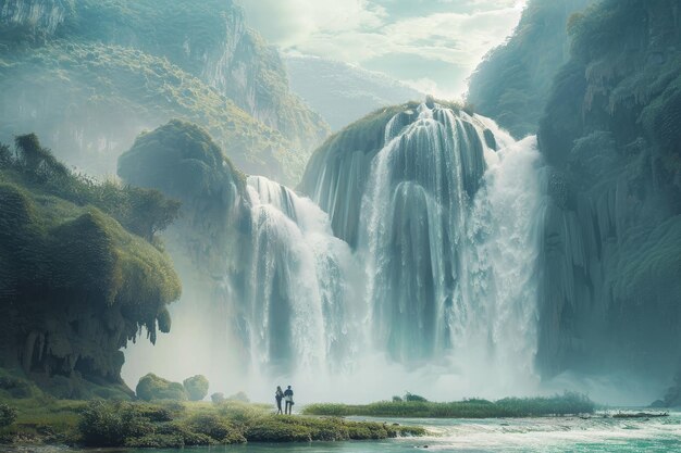 Enchanting Scene of Ban Gioc Waterfall in Vietnam Couple Walking Along Base