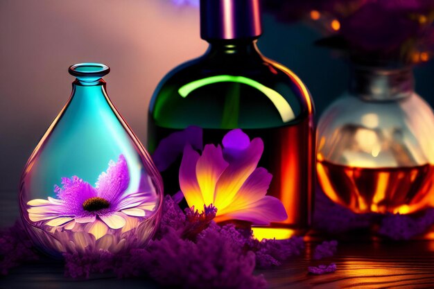 An enchanting scene depicting a glass bottle filled with a purple flower ai generated