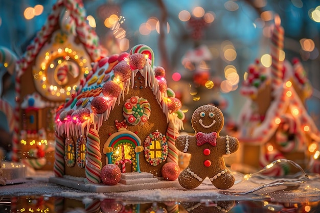 Photo enchanting scene of gingerbread man and house with lights