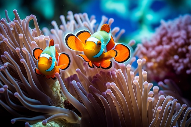 Photo an enchanting sight the ocellaris clownfish thriving in the embrace of a sea anemone