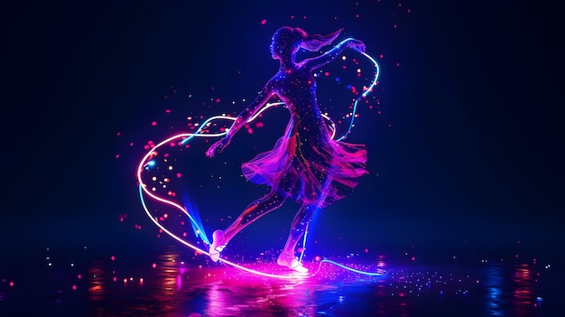 The enchanting silhouette of a woman dancing with a wand under the night sky surrounded by a magical blend of pink stars flowers and disco lights creating a captivating vector illustration embodyi