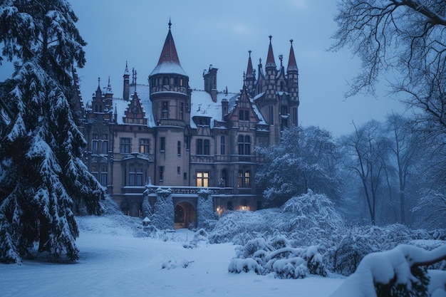 Enchanting snowcovered castle in twilight