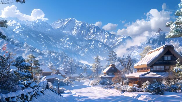 Enchanting Snowy Miyama Village Surrounded by Majestic Mountains and Serene Winter Landscape