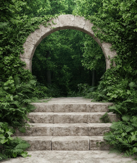 Enchanting stone archway leading into lush green forest