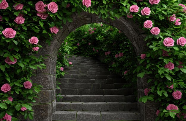 Photo enchanting stone archway surrounded by lush greenery and vibrant pink roses