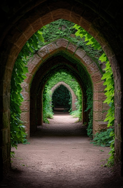 Enchanting stone archway surrounded by lush greenery