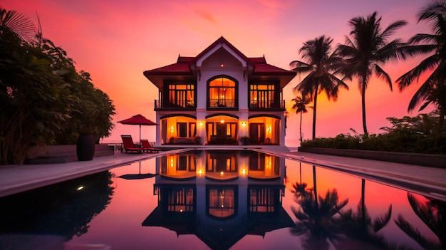 An enchanting summer evening image of a luxurious beachfront villa radiating serenity and sophistication