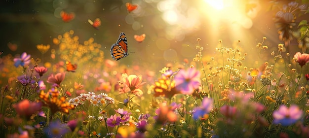 Enchanting Summer Meadow with Butterflies and Sunbeams A vibrant meadow in full summer bloom with a variety of wildflowers and butterflies fluttering around