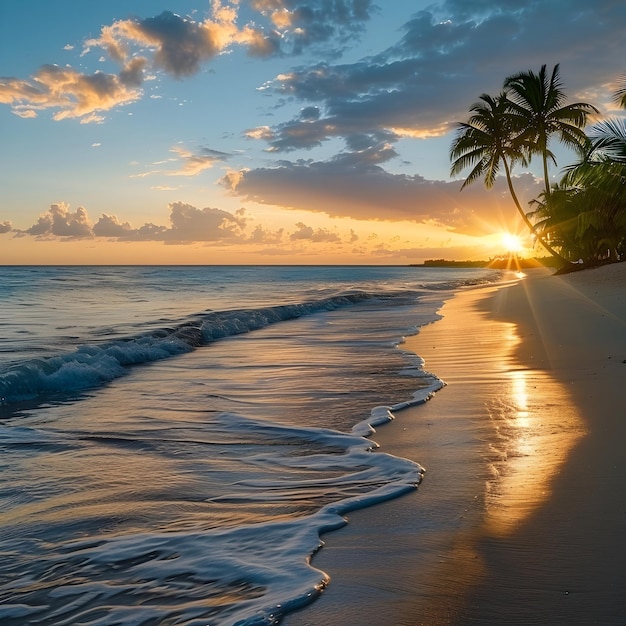 Enchanting Sunset Beach with Palm Trees and Gentle Waves in Tropical Paradise