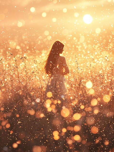 Photo enchanting sunset glow woman in dreamy field of light and bokeh