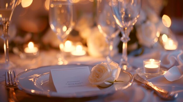 An enchanting table is beautifully adorned with crystal glassware flickering candles and delicate white roses setting the mood for a romantic dinner