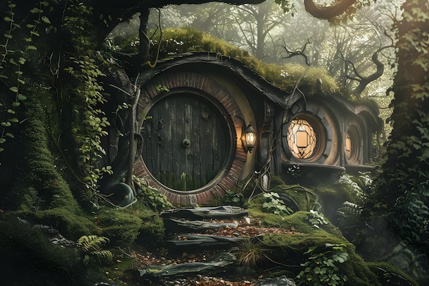 Photo an enchanting tale in a mystical forest with hobbit homes curious creatures and magical artifacts concept fantasy photoshoot mystical forest hobbit homes curious creatures magical artifacts