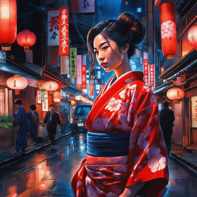 Enchanting Tokyo night Woman in crimson kimono amid neon lights