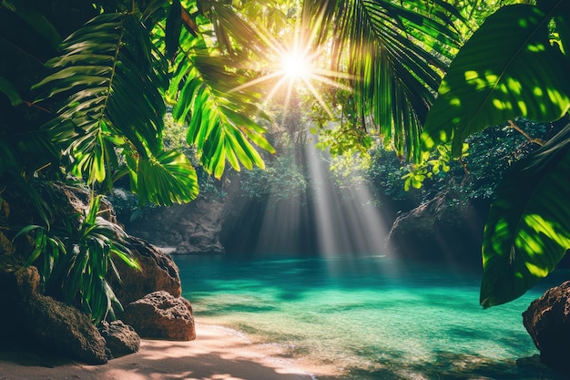 Photo enchanting tropical oasis with sunbeams clear turquoise water