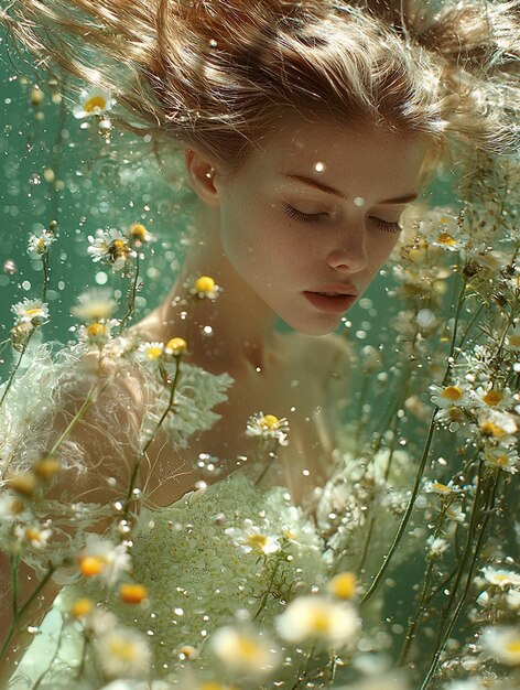 Photo enchanting underwater beauty ethereal model surrounded by flowers